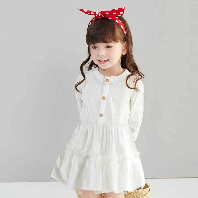 Fille Kid's Robe Blanc Enfant Bébé Bouton Automne Coton Lin Robes À Manches Longues Solide Fête Casual Vêtements Pour Enfants 1-5Y G1026