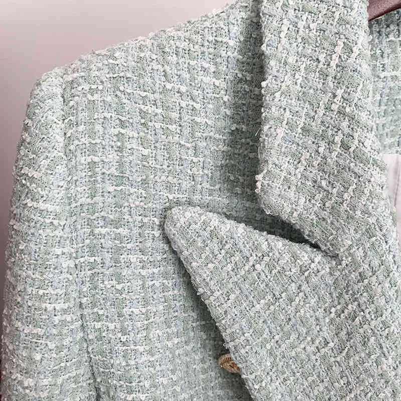 Tweed Mint Green Blazer Damen Sommerjacke Mantel Slim Office Business Zweireihig gewebte Wolle 210525