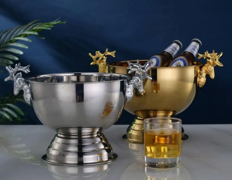 304 Rostfritt stålhjorthuvudörat Kylare Guld Silver Champagne Ice Bucket Champagne Ice Bowl241L