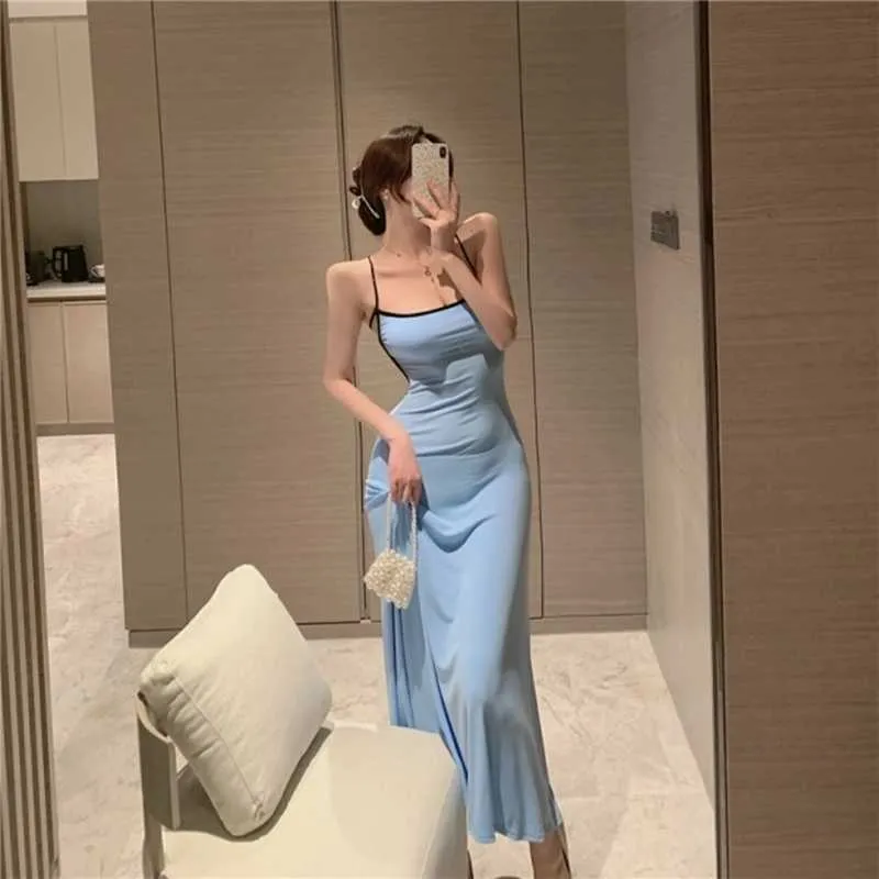 Blue Dress Summer Halter Strap Long Slim Sexy Solid Color Elegante MIDI 210604