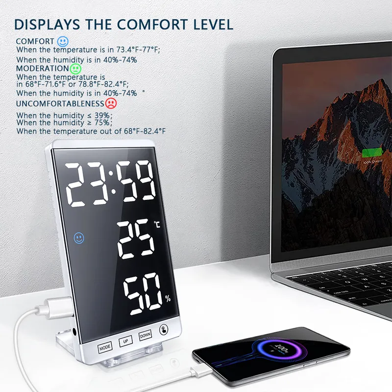 6 Inch LED Mirror Alarm Clock Touch Button Wall Digital Time Temperature Humidity Display USB Output Port Table 220311