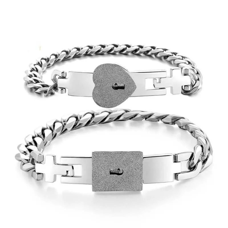Tone Stainless Steel Lover Heart Love Lock Bracelet with Lock Key Bangles Kit Couple Gift Q0717