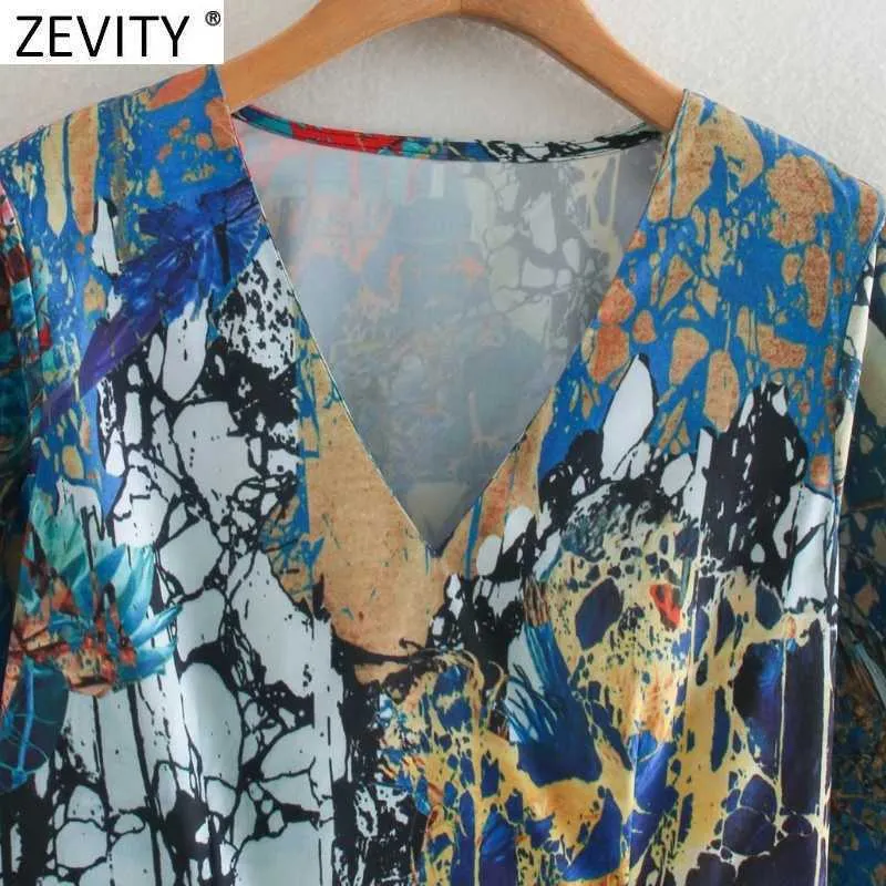 Zevity Women Vintage V Neck Långärmad Abstrakt Blomma Skriv ut En Linje Klänning Kvinna Casual Slim Chic Vestido Kläder DS4663 210603