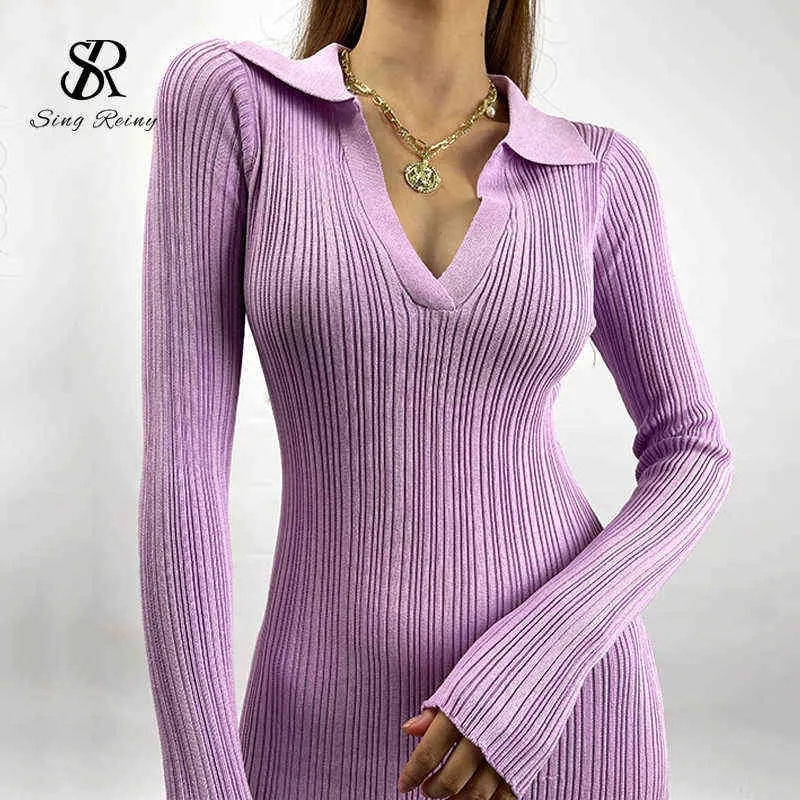 SINGREINY Women Korean Knitted Dress Long Sleeve V Neck Elastic Slim Pencil Dresses Autumn Sexy Bodycon Split Sweater Dress 211110