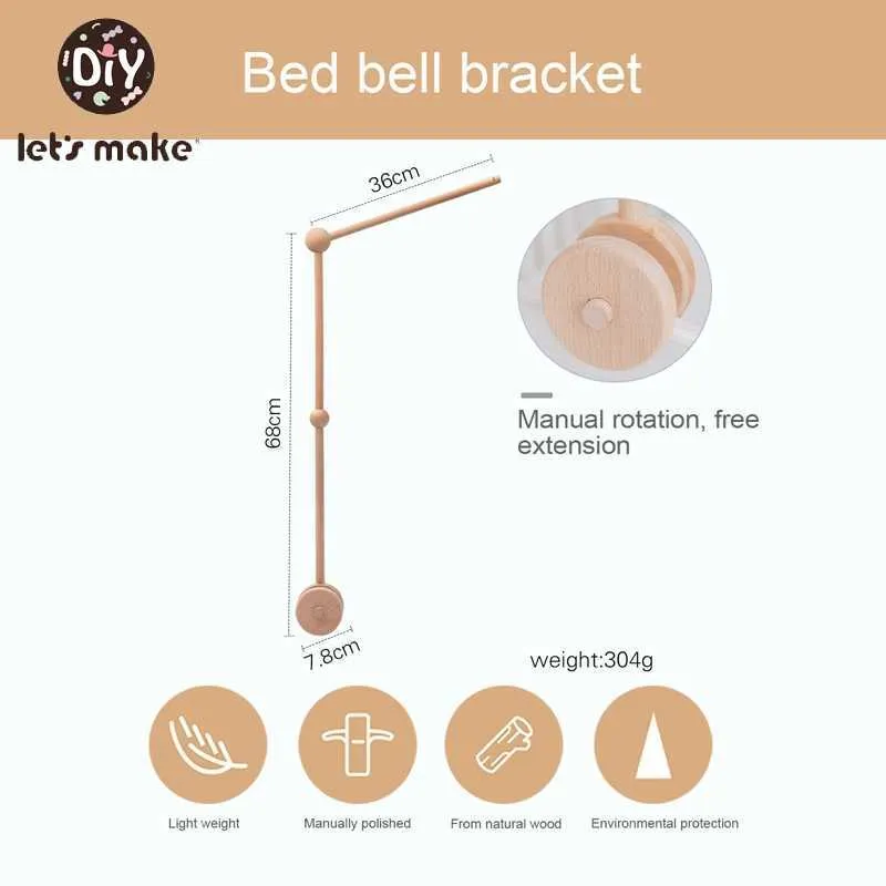 Let's Make Baby Wooden Bed Bell Bracket Mobile Hanging Rattles Toy Hanger Baby Crib Mobile Bed Bell Wood Toy Holder Arm Bracket 211021