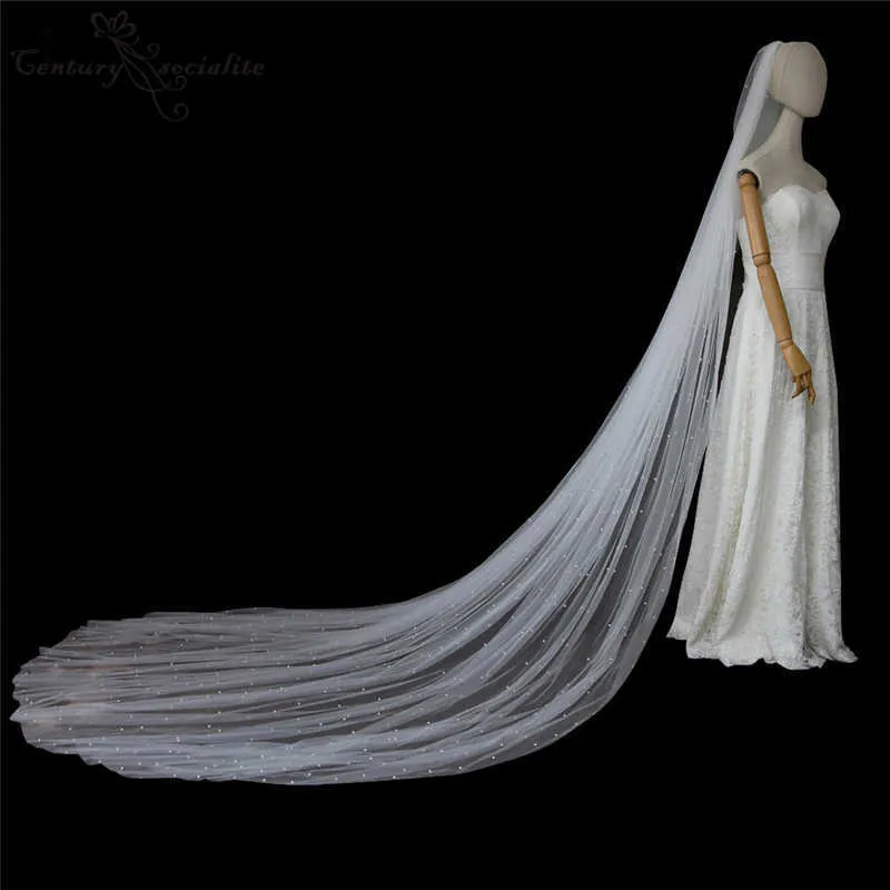 Véus de noiva longos marfim com pérolas e pente, véu de casamento catedral de uma camada, acessórios brancos para noivas x07268030475