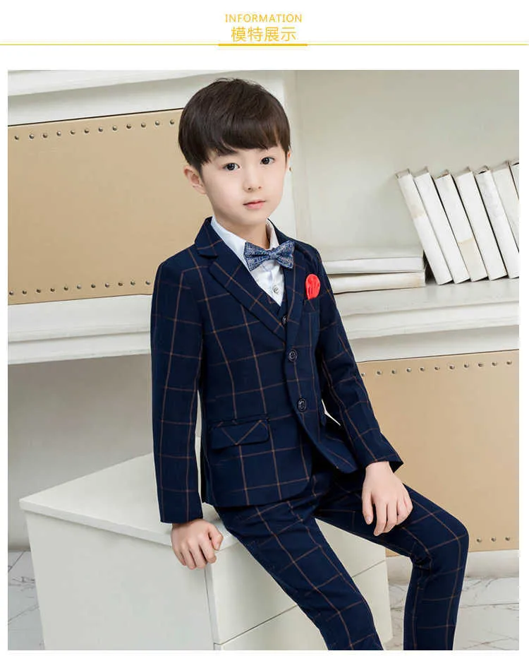 Navy Blue Tweed Plaid Chłopcy Garnitury 3 Sztuk Zestaw Dzieci Prom Suit Wedding Garnitur Blazer Oversize Kids Formalne Tuxedo Kurtka Pants Kamizelka X0909