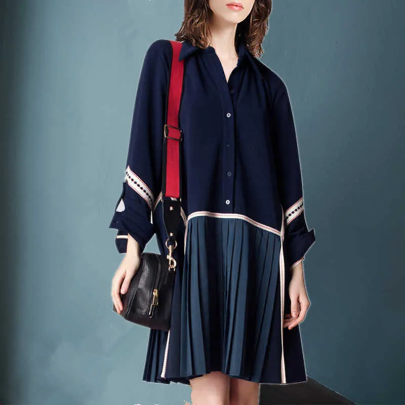 秋の韓国のストリートスタイルのシャツドレス女性の長い緩い袖プリーツプラスサイズES 210615