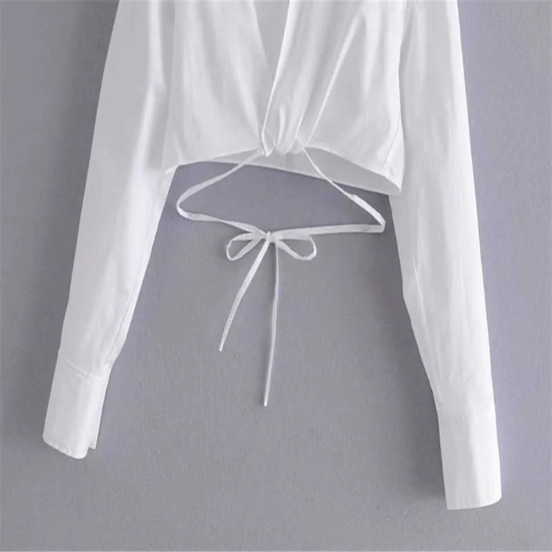 Za Summer White Wrap Cropped Top Donna manica lunga plissettata Camicia vintage Donna Fashion Self Tie Hem Camicie corte 210602
