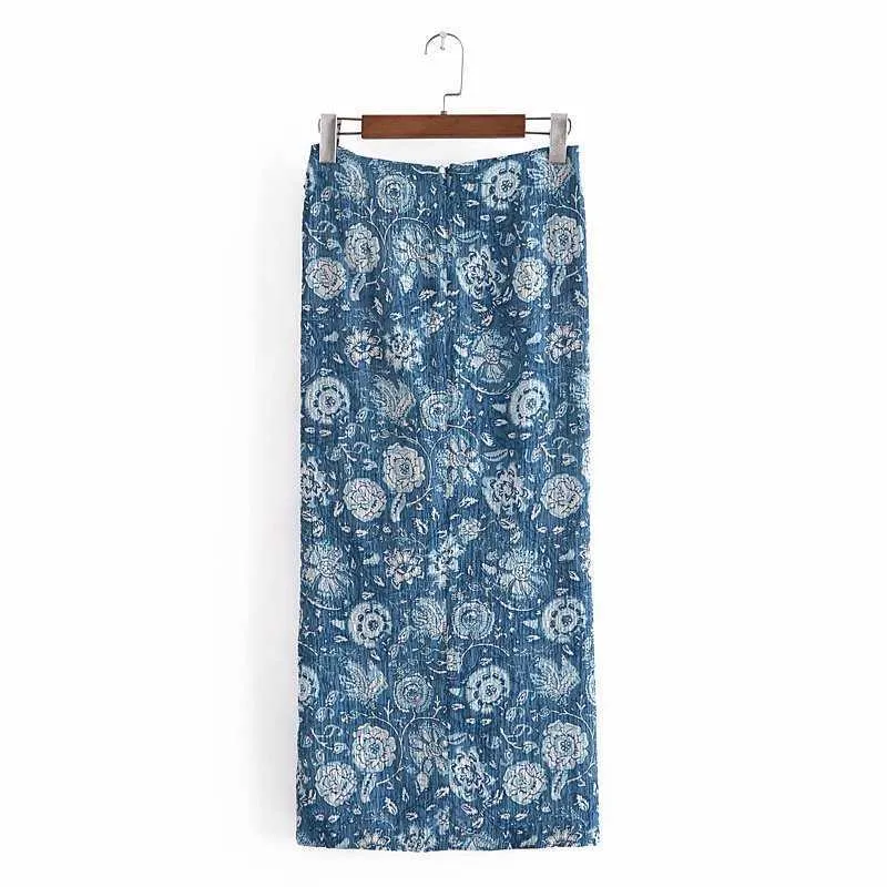 Zevity Women Vintage Totem Floral Print Knuted Design Split En Linje Skirt Faldas Mujer Kvinna Back Zipper Sommar Vestidos QUN764 210629