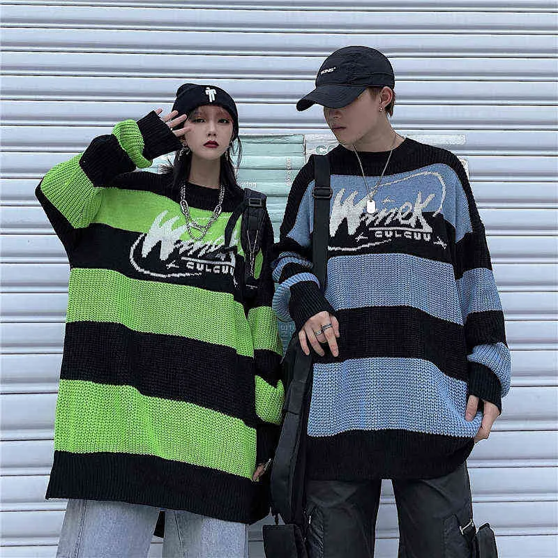 Women's sweater stripe letter casual tops harajuku pullover autumn drop vintage punk Hip hop streetwear Korean clothing 211217