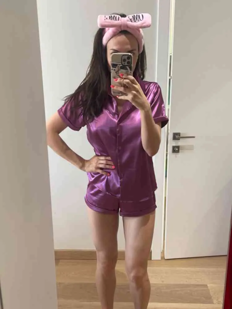 Einfarbig Satin Pyjamas Mit Shorts Nachtwäsche Anzug Seide Pyjama Für Kurzarm Casual Pyjama Sets Frauen Homewear Frühling