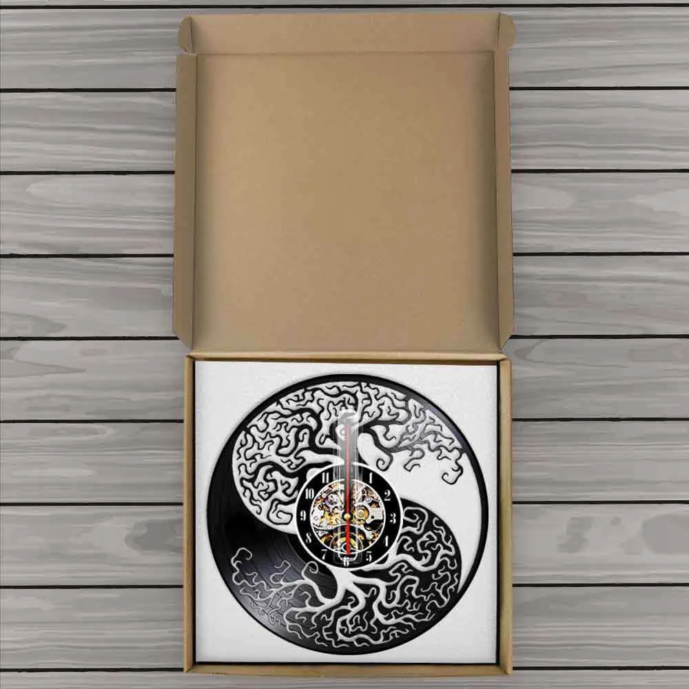 Yin and Yang Yggdrasil Tree Of Life Vinyl Record Wall Clock Feng Shui Zen Wall Watch Taijitu Balance Symbol Spiritual LED Light 210930