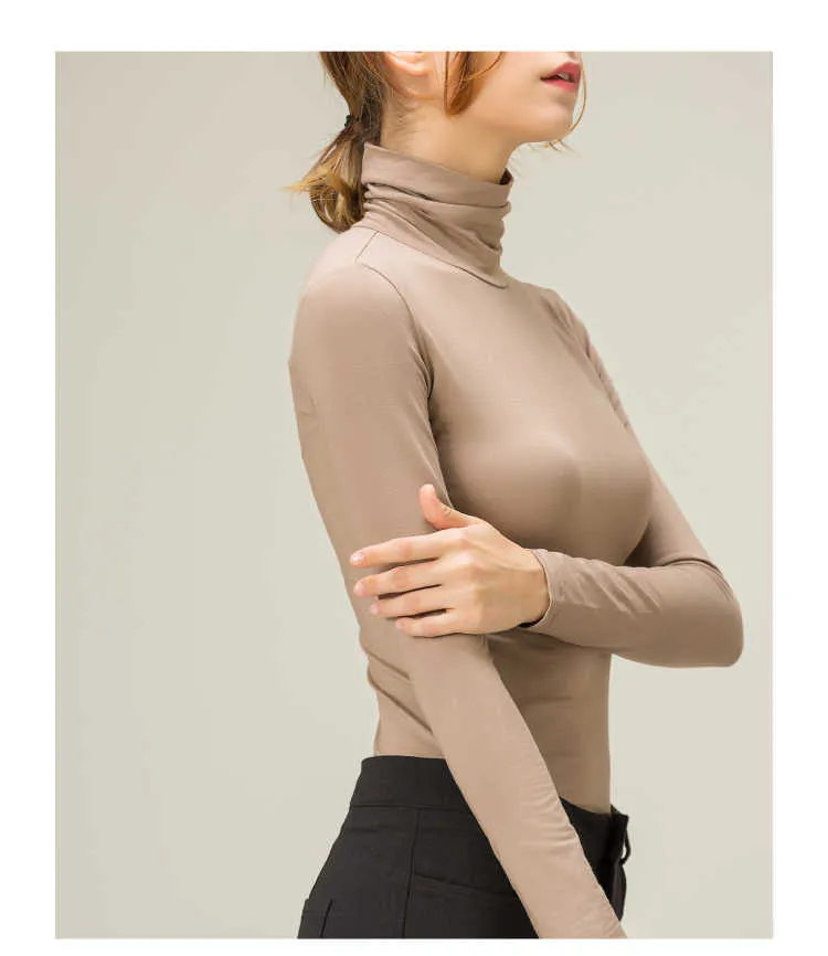 100% coton à manches longues solide col roulé t-shirt femmes haute stretch mince hauts printemps automne maigre basique bas t-shirt serré Y0629