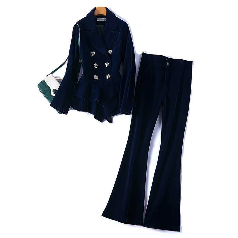 Jesienne i zimowe panie złote spodnie aksamitne garnitur dwuczęściowy wysokiej jakości casual kurtka elegancka rozszerzona 210527