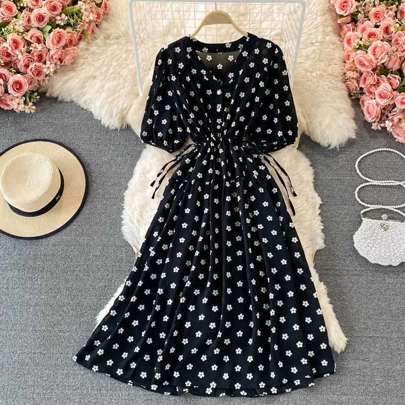 Summer Flower Printed Midi Dress Women Vintage Short Puff Sleeve Draw String Big Swing Vestidos Elegant Party Casual Robe 2021 Y0603