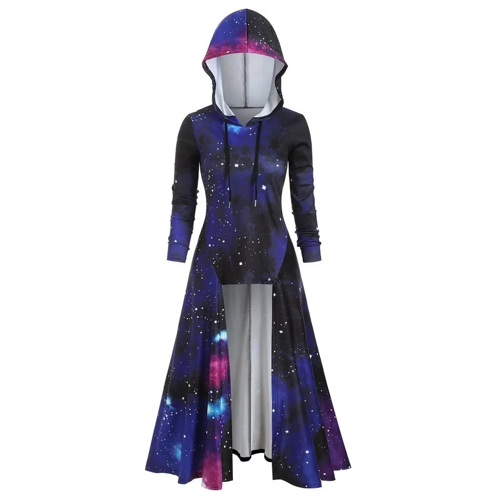 Ricorit Fashion Hooded Gwiaździste Galaxy Jesień Zima Cape Kobiety Maxi Długie Rękaw Sukienka Ubrania Gothic Punk z Plus Size 201008