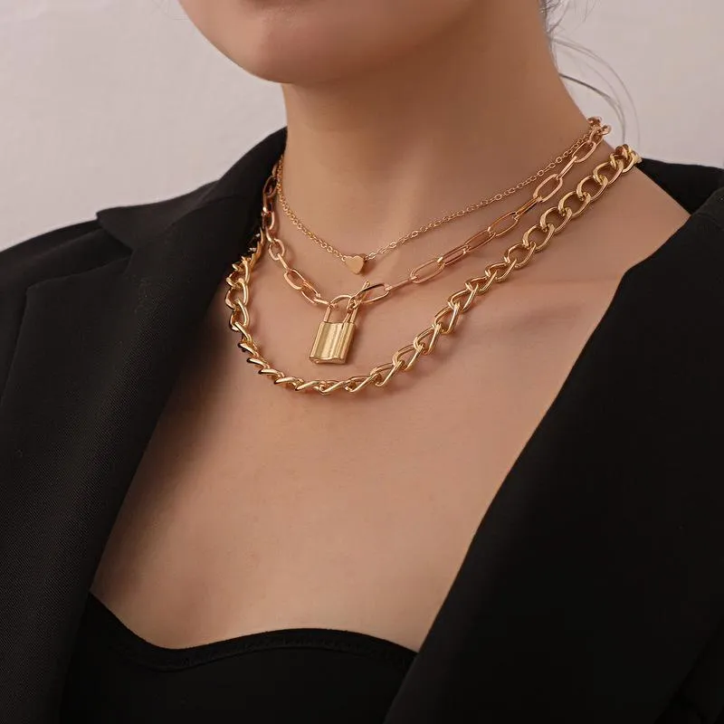 Colliers pendentifs Vintage Punk Boho multicouche ras du cou serrure coeur chaîne collier pour femmes or argent couleur collier mode bijoux283v