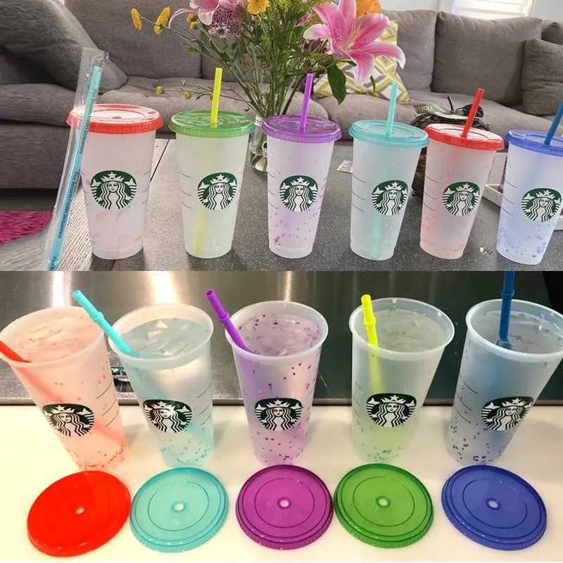 PC'ler Yeniden Kullanılabilir Starbucks Tumbler Renk Değiştiren Soğuk Bardaklar Starbucks Kupası Plastik Tumbler Saman Plastik Kupa Ml Oz Yaz Kolej