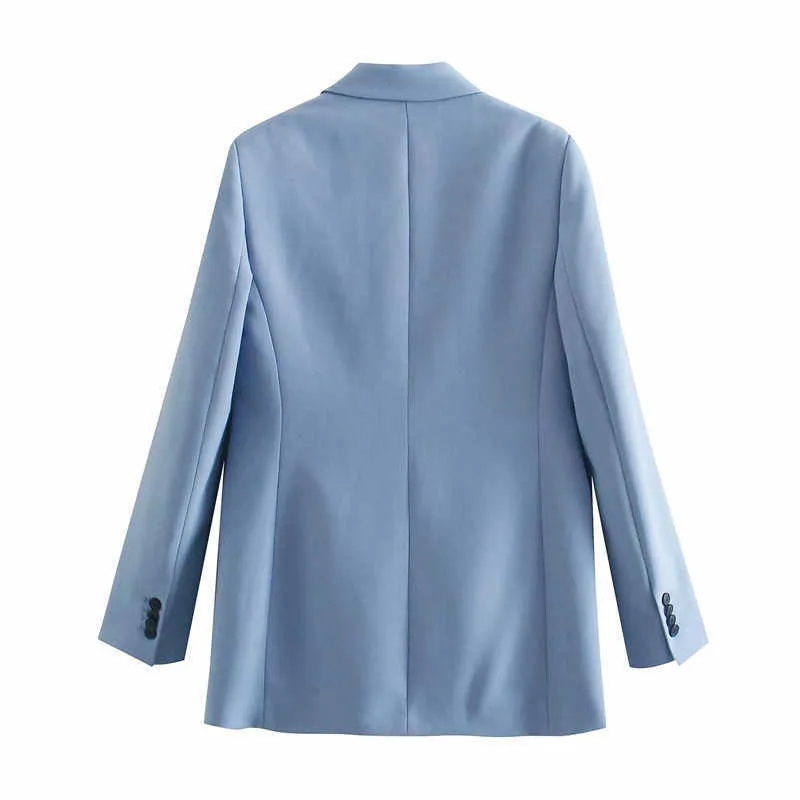 Za Blue Dubbelbröst Spring Blazer Kvinnor Långärmad Office Lady Coat Blazers Woman Chic Flap Fickor Eleganta Toppar 210602