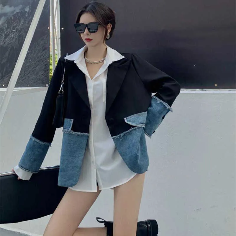 Nomikuma Frühling Demin Patchwork Blazer Kausalen Koreanische Hit Farbe Anzug Jacke Frauen Mode Blazer Mantel 6F775 211006
