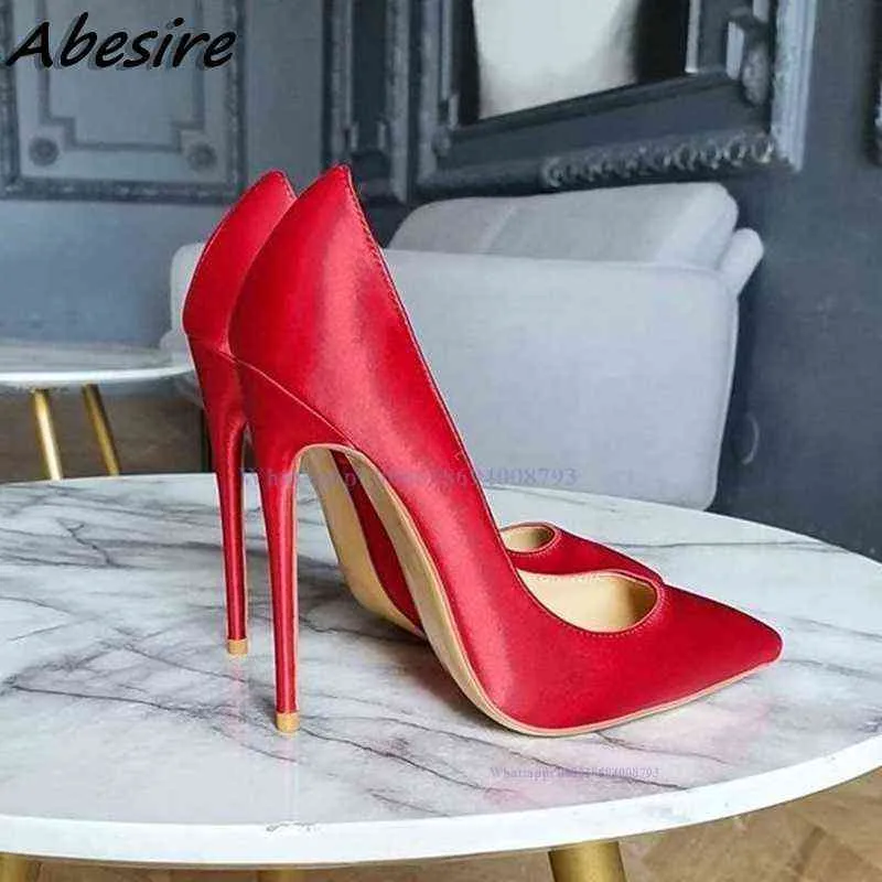 Kleidschuhe Zapatos de tacón aguja con punta puntiaguda para mujer calzado vestir seda satinada Sexy liso tacones 12cm alto 220303