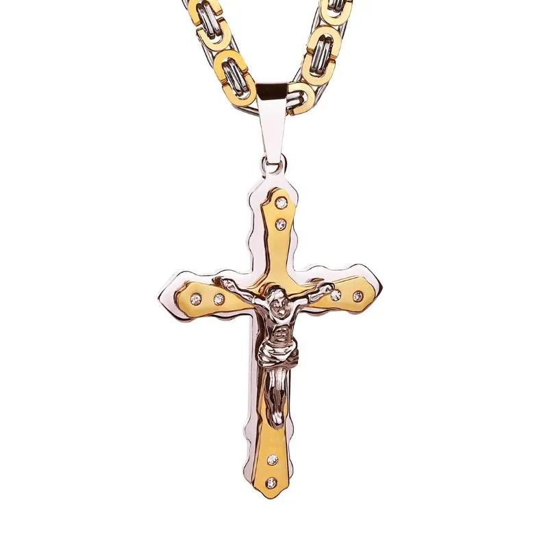 Cadenas Joyería Bizantina Oro y Plata Acero Inoxidable Cristo Jesús Cruz Colgante Collar Cadena Moda Cool298L