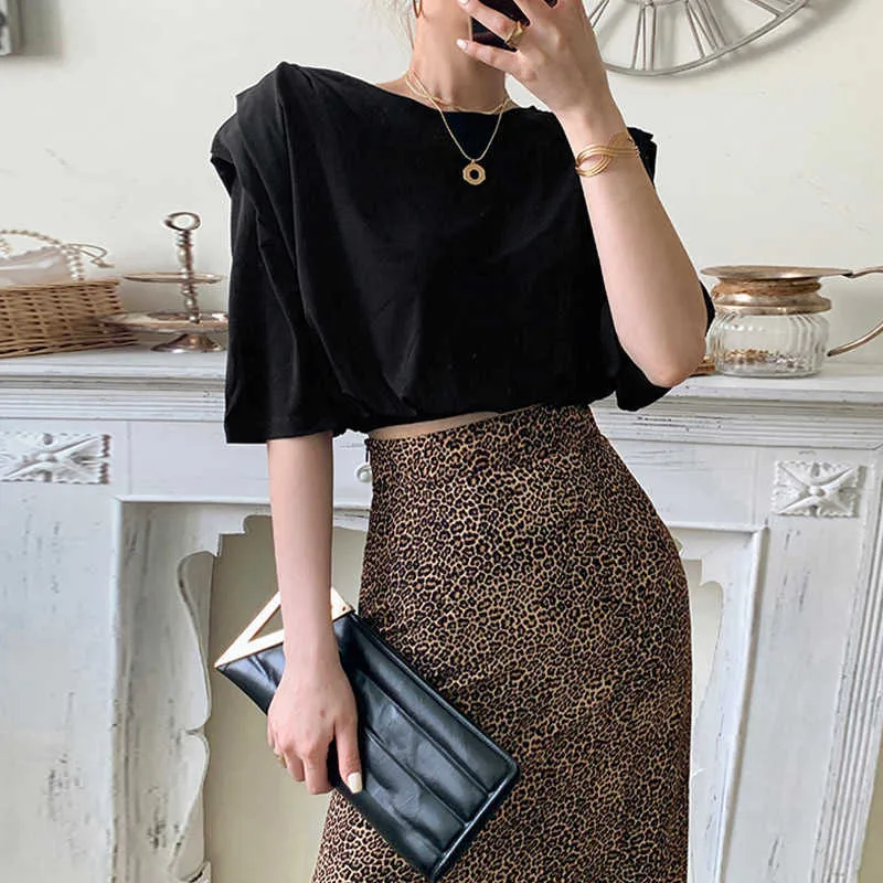 Korejpaa Dames Sets Zomer Koreaanse Chic Simple Ronde Neck Flared Sleeve Solid Color T-shirt Hoge Taille Luipaard Print Rok 210526