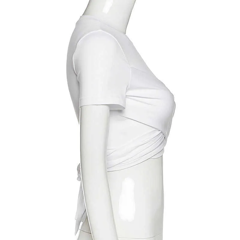 Colysmo blanc t-shirt femmes col rond manches courtes devant croisé dos cravate été hauts t-shirt style décontracté Sexy Streetwear 210527