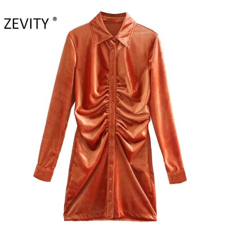 Zevity Herbst Mode Frauen Orange Grün Farbe Plissee Einreiher Dünnes Hemd Kleid Weibliche Langarm Samt Vestido DS4617 210603