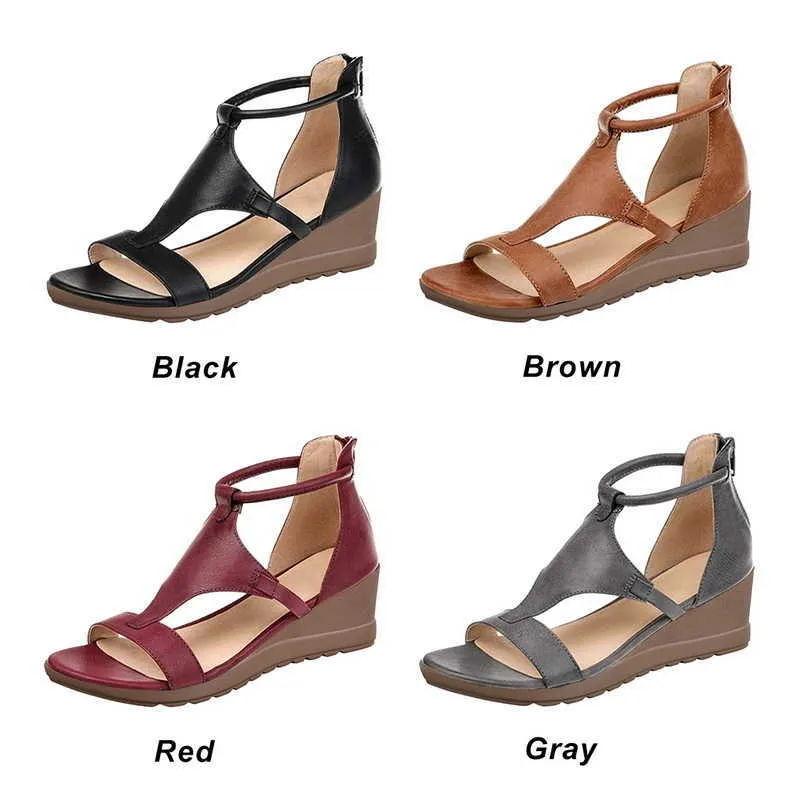 Nouveau été femme sandales 2020 mode solide fermeture éclair compensées t-strap chaussures pour femmes décontracté bout ouvert dames grande taille sandales Y0608