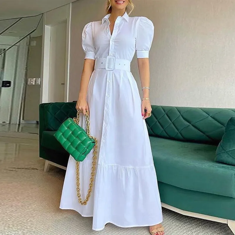 Vintage Puff Sleeve Women Party Maxi Dress Elegant Striped Office Lady Long Es Fashion Turn-Down Collar Button Shirt 220210