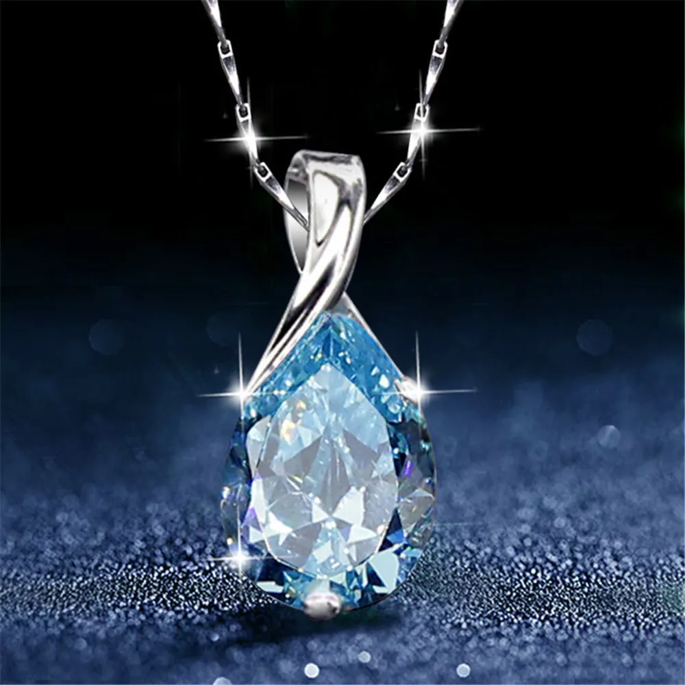 Aquamarine Gemstones Diamond Anhänger Halsketten für Frauen Drop Blaukristall weißes Gold Silber Color CHOKER JUDELY GESCHÄFTEN BIJOUX 0217731692
