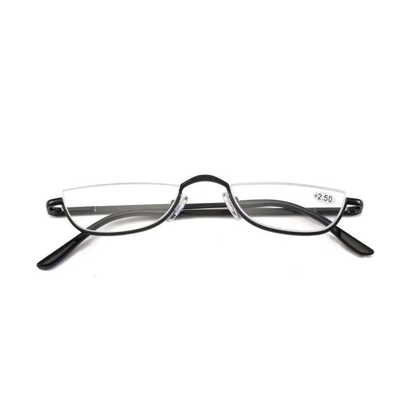 Lunettes de soleil Lunes de lecture des yeux de chat Femmes hommes Metal Half-Frame Eyeglasse Presbype Femelle Hyperopie Semi-monnaie Spectacles 322G