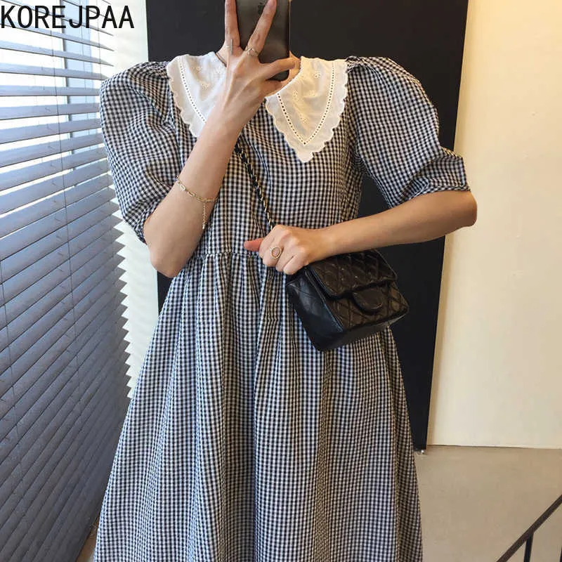 Korejpaa Women Dress Korean Chic Summer French Retro Baby Collar Contrast Plaid High Waist Loose Bubble Sleeve Vestido 210526