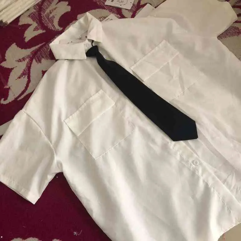 Ebaihui 2021 с коротким рукавом рубашка женщины белый поворот вниз воротник базовый повседневный подросток Gril студент негабаритная рубашка женщины свободная блузка 220210