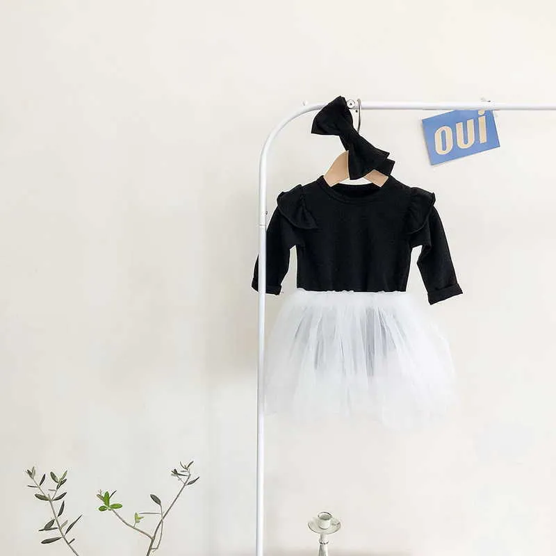 Spring Kids Girl 3-pcs Sets Solid Color Long Sleeves Bodysuit + Tutu Skirt Headwear Cute Style Children Clothes E6016 210610