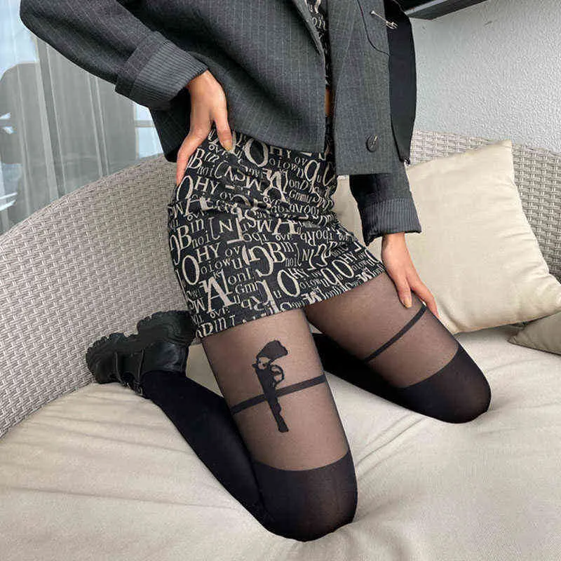 Sexy Black Women Pantyhose Pistol Suspenders Pattern Tights Stokings Female Slim Thin Body Stockings Y1130
