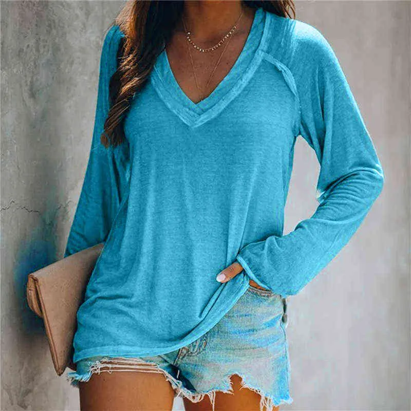 Oversized T-shirt Vrouwen Basic T-shirt V-hals Koreaanse kledingrol Hem Effen Lange Mouw Dames Tops Casual G220228