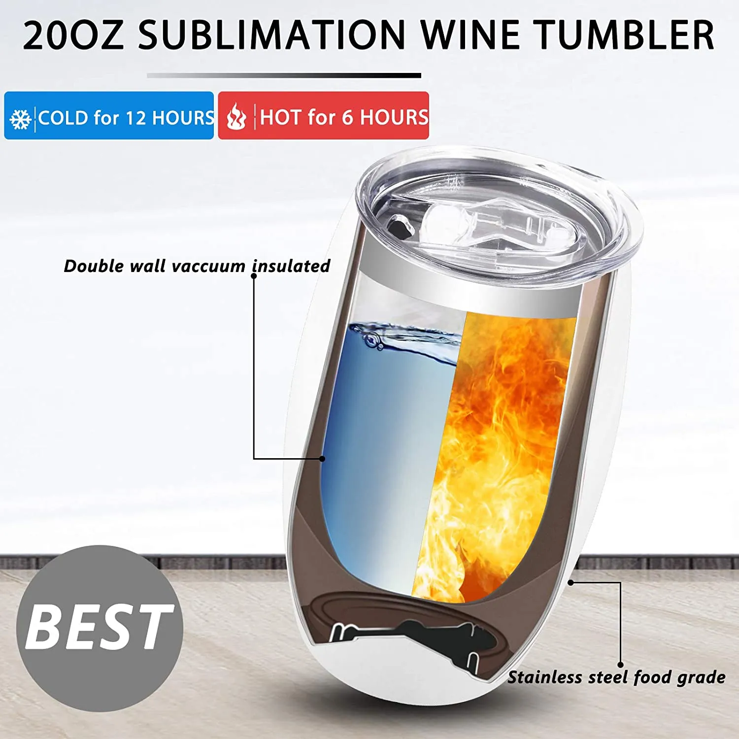 20oz sublimering vin Tumbler glasämnen med lock Stemless Dubbelvägg Vakuum Rostfritt stål Travel Tumbler för kaffevin 4961