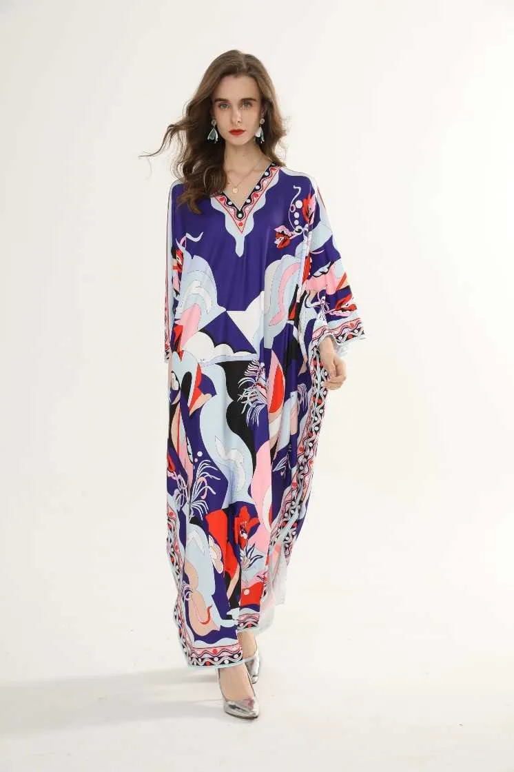 Summer Knitted Silk Big Swing Plus Szie Printed Slim V-neck Loose Casual Robe Dresses for Women 210615