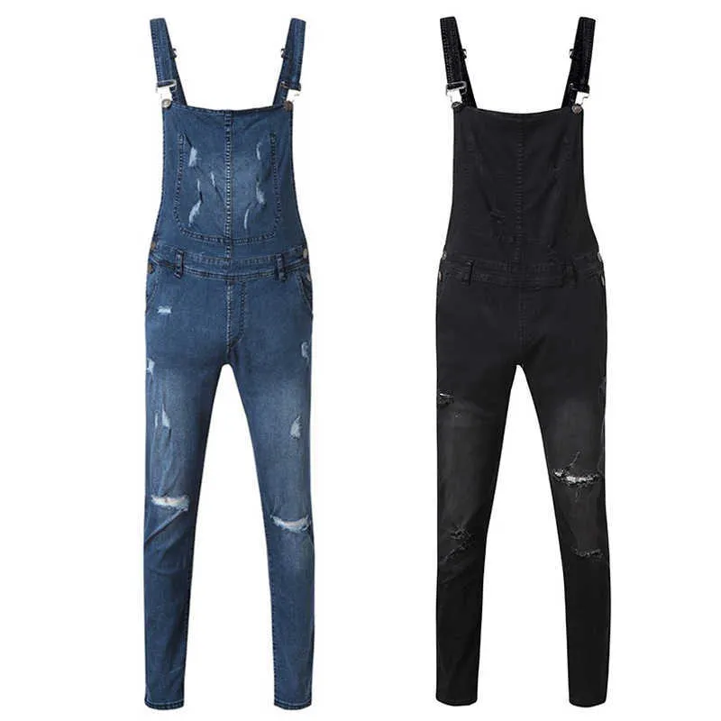 2021 Fashion Mäns Ripped One-Piece Jeans Jumpsuits Casual Hole Distressed Denim Bib Overaller för Man Suspender Byxor S-XXXL X0621