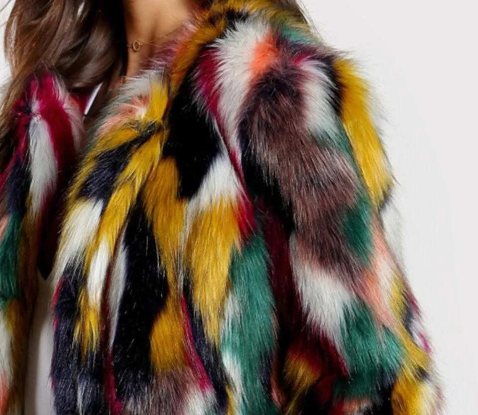 Cappotto in pelliccia sintetica multi colore a contrasto moda lungo peloso Shaggy Outwear donna autunno inverno giacca corta cappotto top Y0829