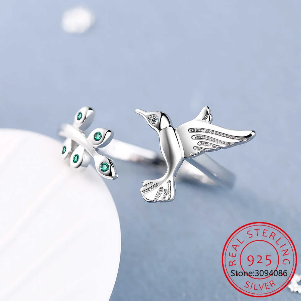 925 Sterling Silver Flying Bird Drzewo Liście Kolibry Regulowany Palcem Pierścionek Dla Kobiet Moda Pierścionek zaręczynowy Biżuteria ECR323 x0715