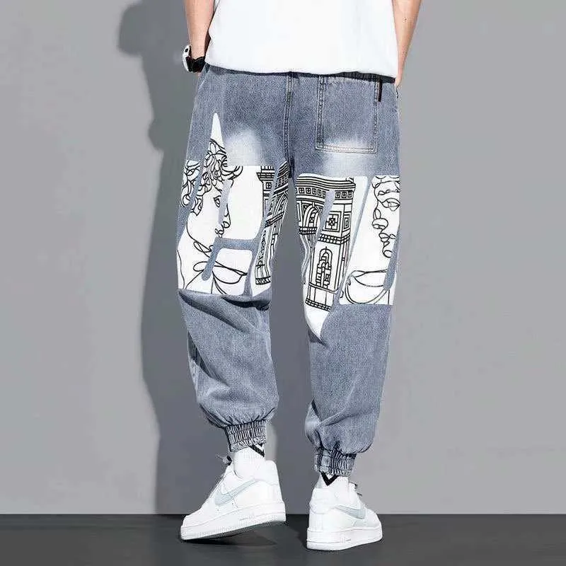 Männer Herbst Lose Plus Größe Denim Blue Jeans Cartoon Anime Cargo Hosen Harem Hosen X0621