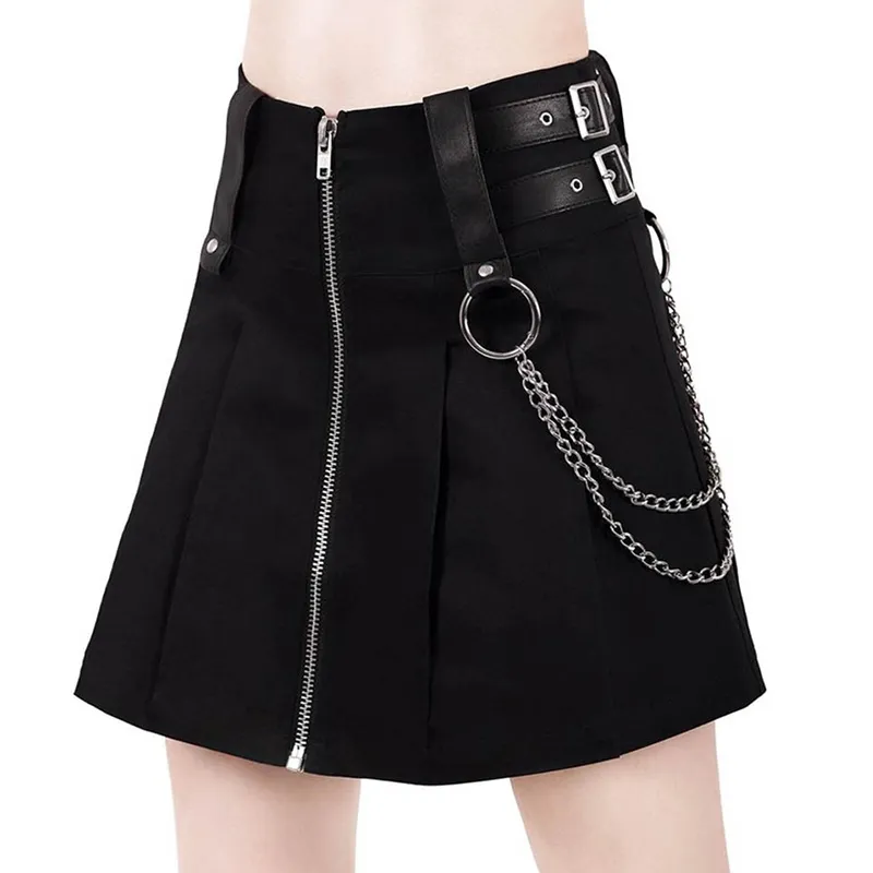 Estate a vita alta gonna corta donna cerniera catena di ferro punk donne sexy gonne cintura in pelle PU cosplay gotico Lady A-Line Gonne 210310