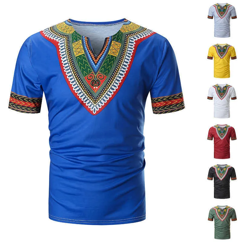 Angekommen Folk-Custom T-Shirts Männer Sommer Casual African Print V-Ausschnitt Pullover Kurzarm T-Shirt Top Bluse Camiseta 210716