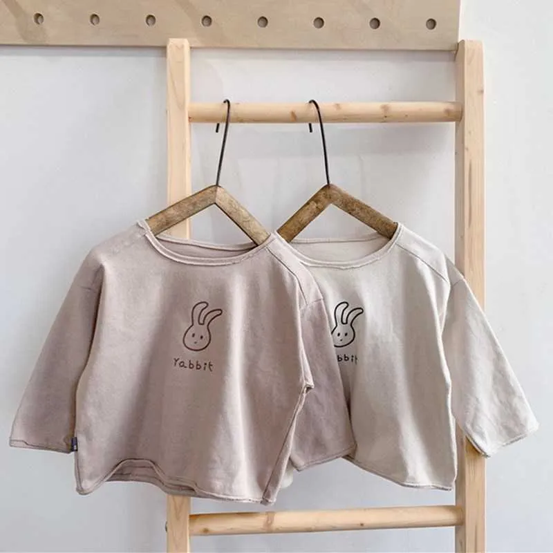 Sonbahar Çocuk Kore Tarzı Uzun Kollu T-Shirt Erkek Kız Pamuk Tavşan T Shirt Toddler Çocuklar Sevimli Tops 210615