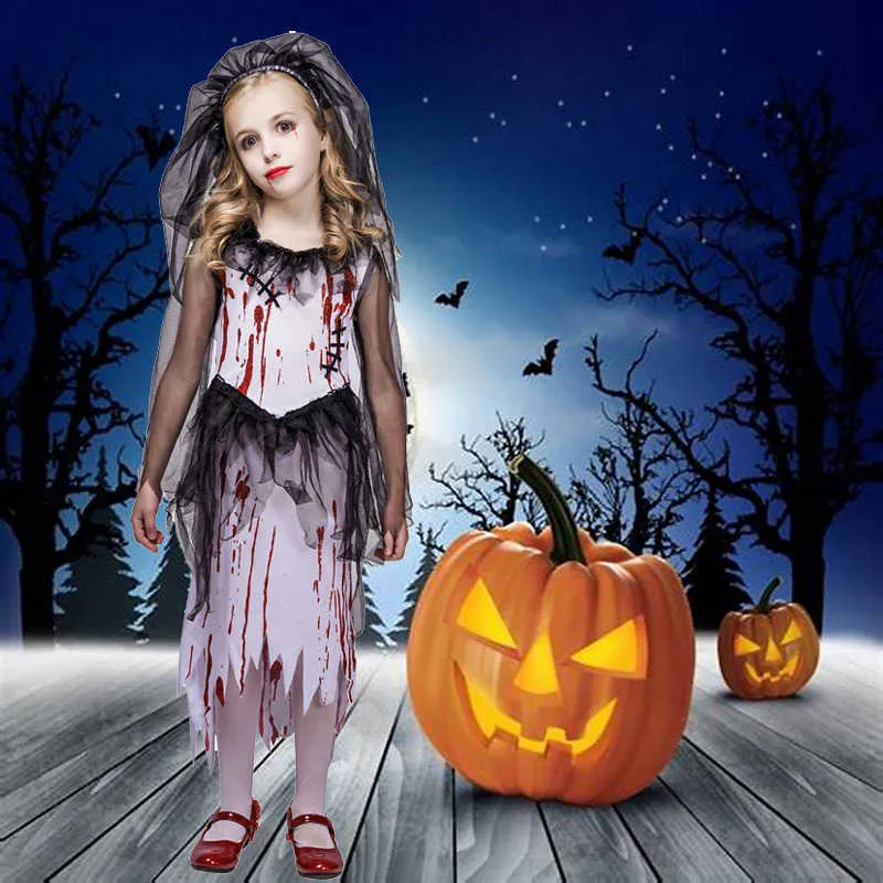 QLQ Kid Halloween Party Grim Reaper Kostüm Für Jungen Cosplay Kind Scary Ghost Skelett Kleidung Gilrs Blutige Braut Kleid Y0913