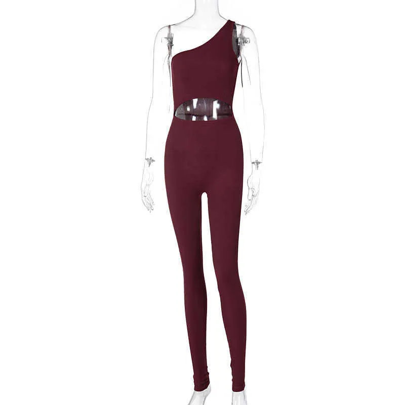 Sexy One Shoulder Bodycon Jumpsuit Women Casual Hollow Out Sporty Elastic Fitness Skinny Playsuit Fashion Streetwear Romper 210526